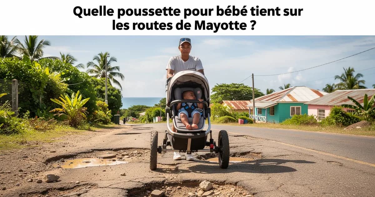 Poussette tout terrain sur route accidentée de Mayotte avec enfant, palmiers et maisons colorées en arrière-plan