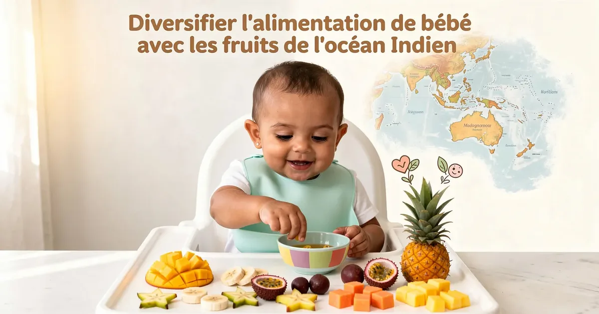 Bébé découvrant des fruits tropicaux variés : mangue, ananas, fruit de la passion et papaye sur un plateau blanc