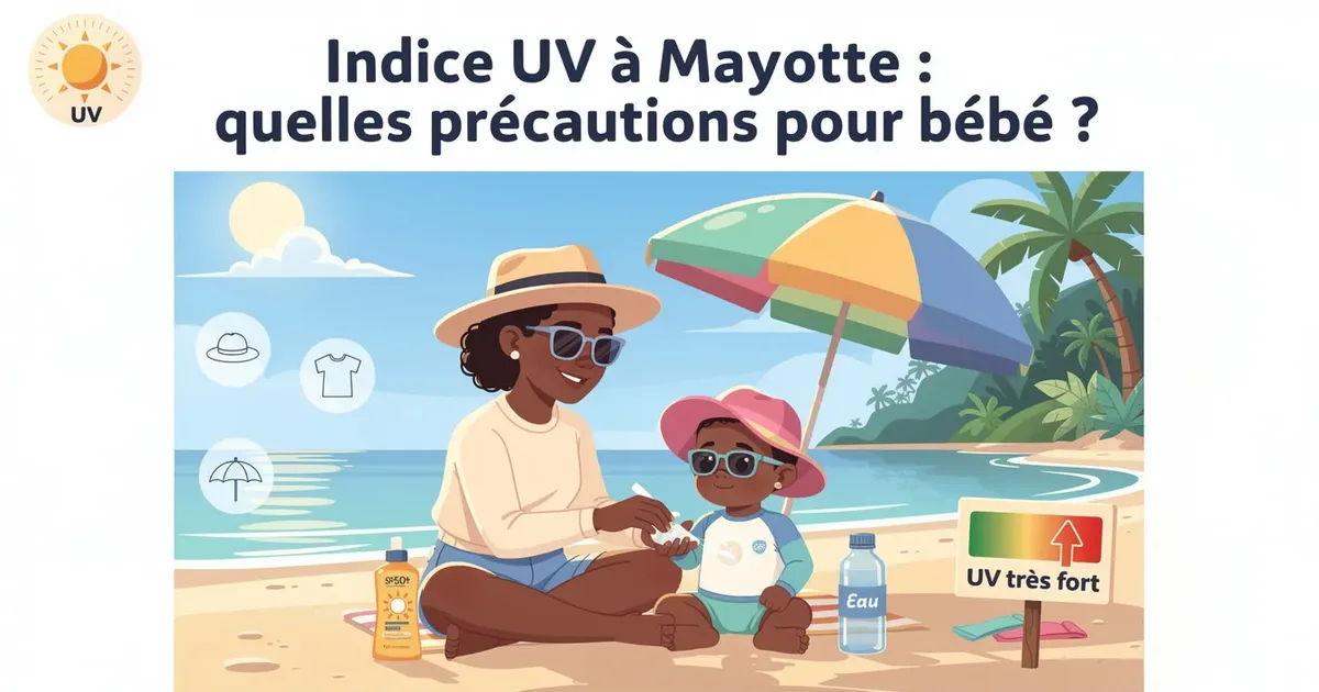 Maman applique de la crème solaire sur bébé à la plage à Mayotte sous un parasol.