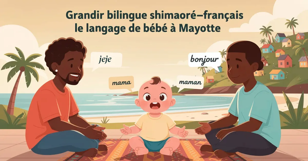 Deux parents parlent à leur bébé en shimaoré et français sur une plage à Mayotte, illustrant l'apprentissage bilingue.