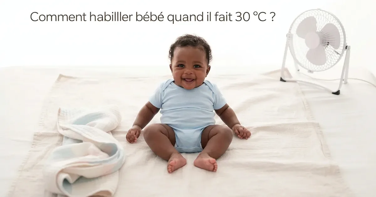 Bébé souriante en body léger bleu dans chambre chaude avec ventilateur blanc et serviettes