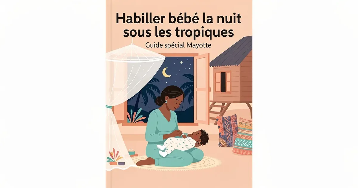 Mère qui habille son bébé la nuit dans une chambre tropicale avec moustiquaire