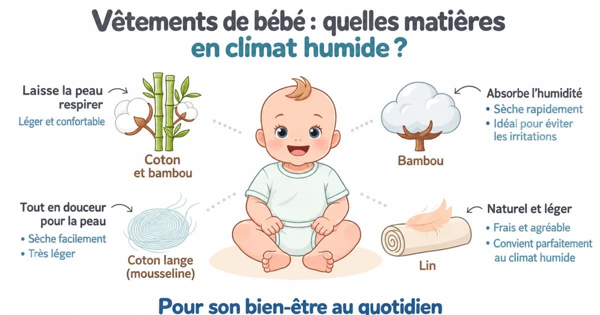 Bébé entouré de matières textiles : coton, bambou, mousseline et lin pour vêtements adapté climat humide