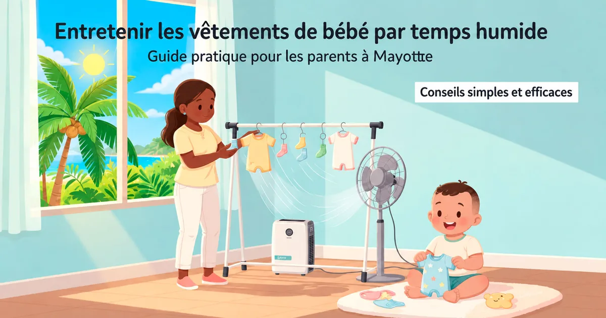 Mère qui suspend des vêtements de bébé sur un séchoir avec déshumidificateur et ventilateur à Mayotte