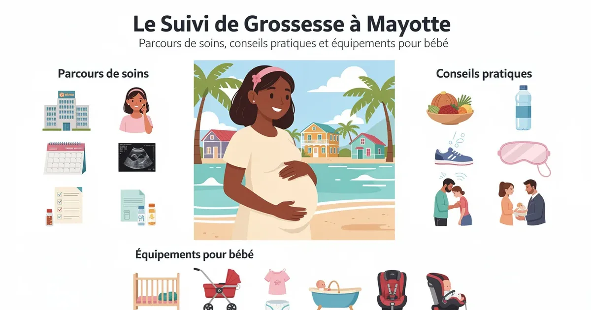 Femme enceinte souriante à la plage, entourée d'icônes sur le suivi grossesse Mayotte: soin, calendrier, alimentation,