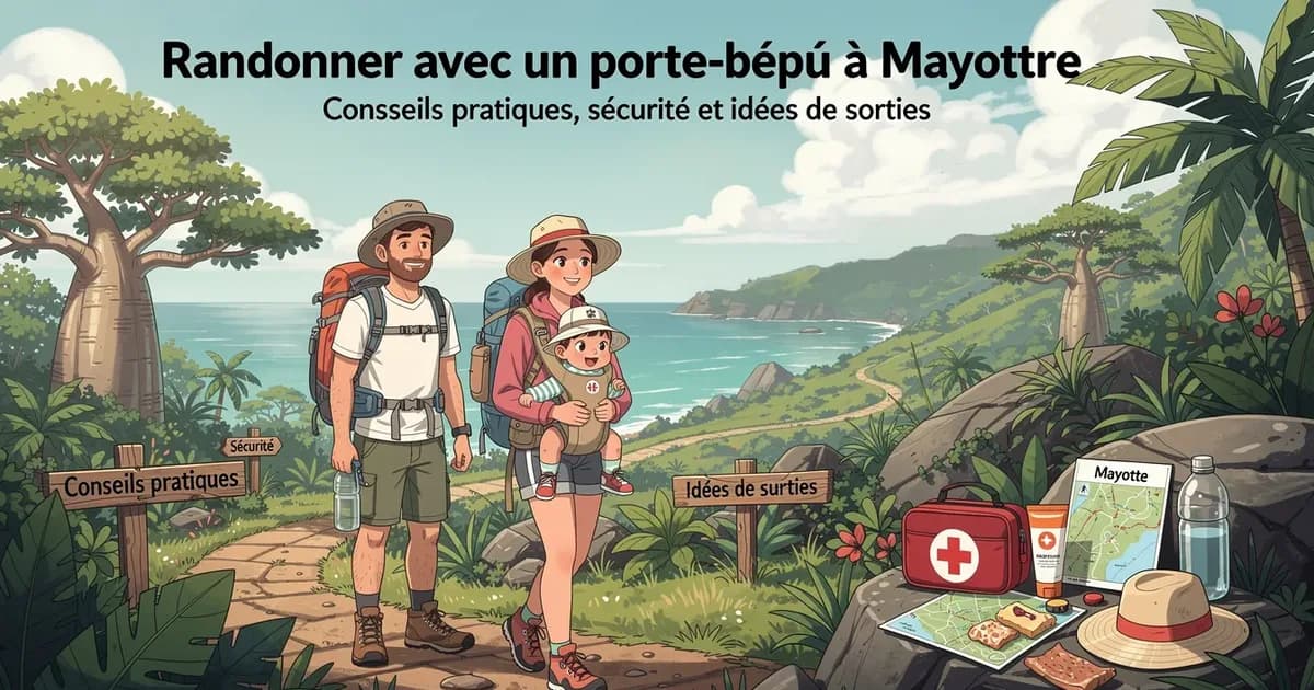 Famille en randonnée à Mayotte avec enfant en porte-bébé, paysage tropical, trousse de secours et accessoires
