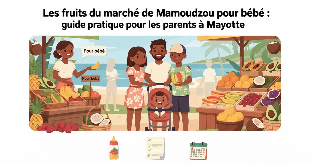 Famille shopping fruits frais marché Mayotte bébé avec poussette et fruits tropicaux
