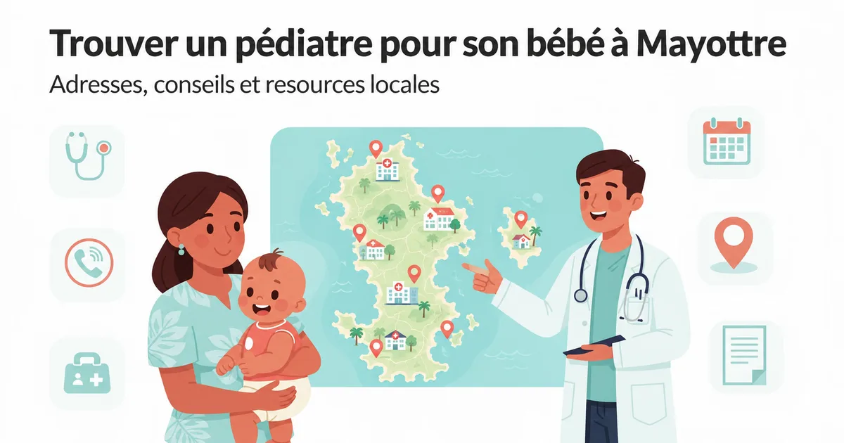 Mère avec bébé et pédiatre pointant une carte de Mayotte avec localités médicales