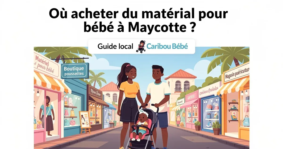 Famille avec enfant dans une rue commerçante colorée de Mayotte, devant des boutiques de puériculture et matériel pour bébé