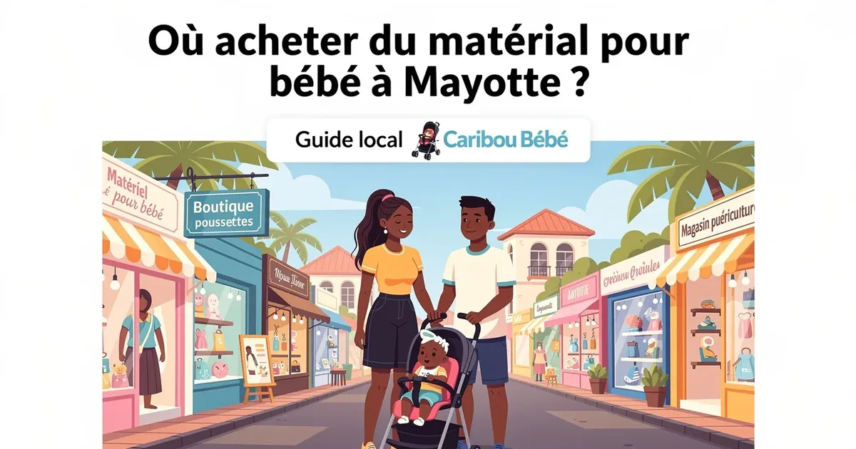Famille avec bébé en poussette devant boutiques de puériculture à Mayotte