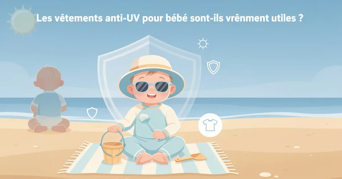 Bébé protégé du soleil à la plage portant un chapeau, des lunettes et des vêtements anti-UV bébé bleus