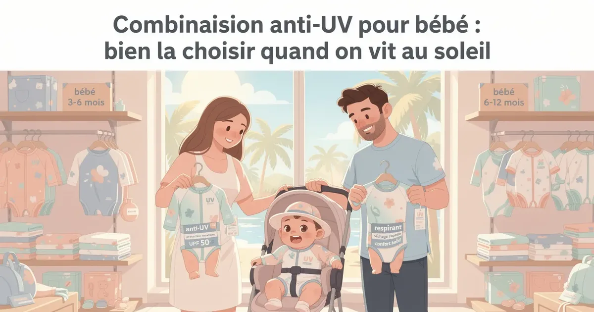 Deux parents habillent leur bébé en combinaison anti-UV avant d'aller au soleil à Mayotte