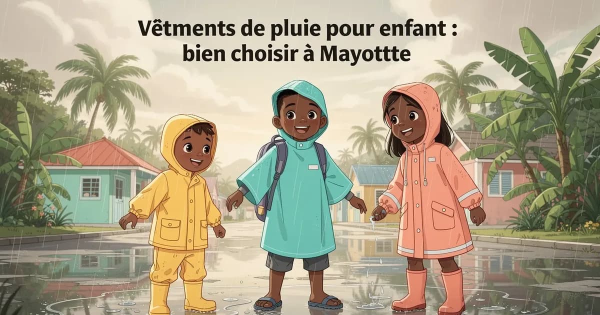 Trois enfants en vêtements pluie colorés à Mayotte, dans un environnement tropical avec palmiers.