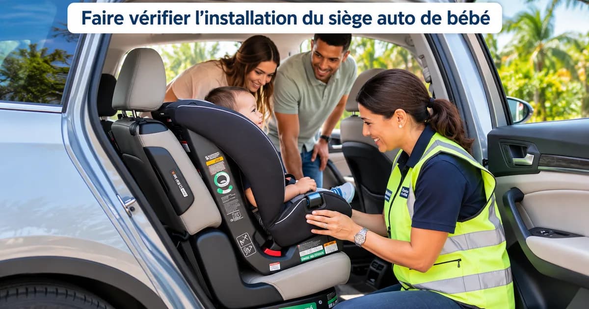 Technicien en gilet jaune vérifie l'installation d'un siège auto bébé dans voiture, famille observant