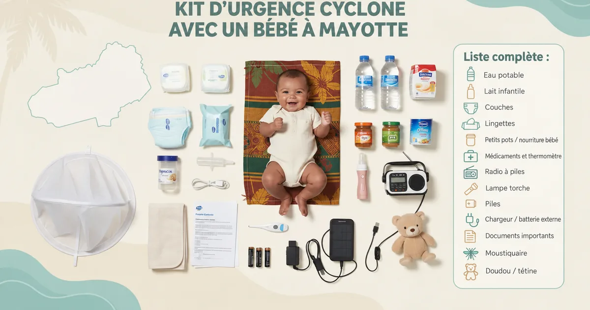 Kit urgence cyclone bébé Mayotte : eau, lait, couches, médicaments, radio et accessoires essentiels