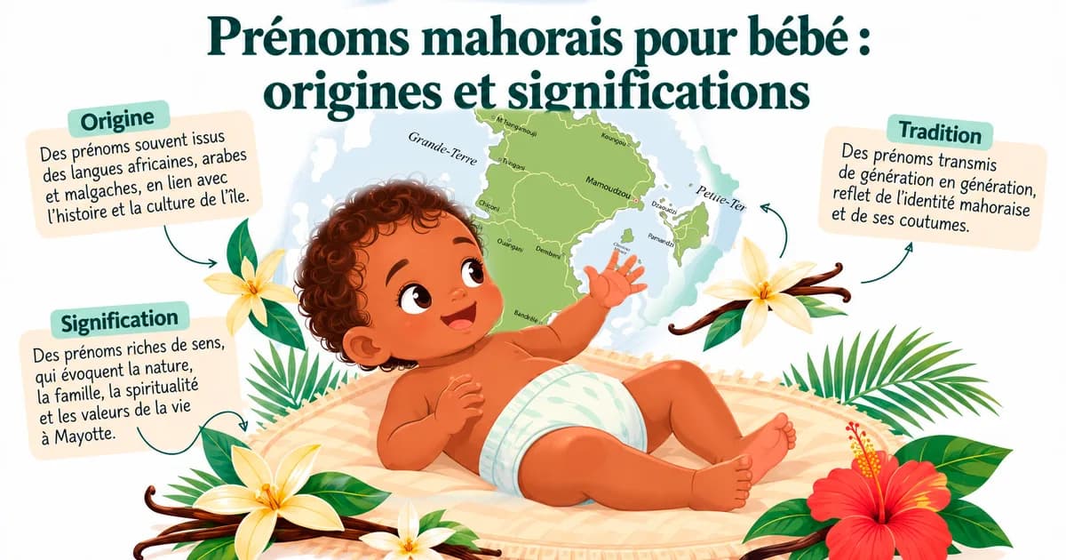 Bébé dans un paysage mahorais avec fleurs tropicales. Schéma expliquant origines, signification et tradition des prénoms