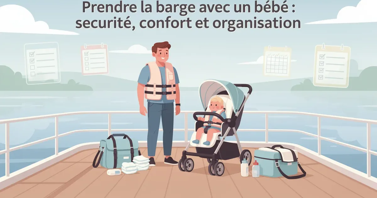 Père avec bébé en poussette sur une barge, équipement de voyage organisé pour naviguer en toute sécurité.