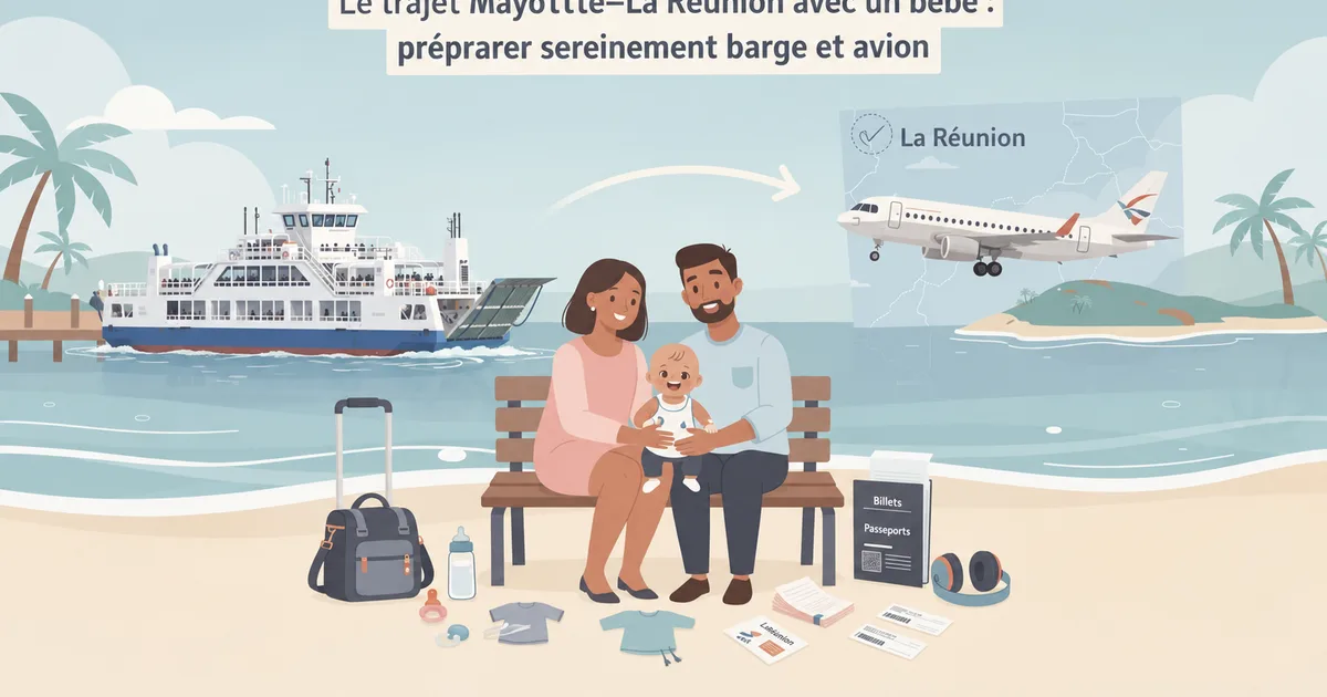 Famille avec bébé sur plage à Mayotte, bateau et avion pour La Réunion, bagages et documents de voyage.