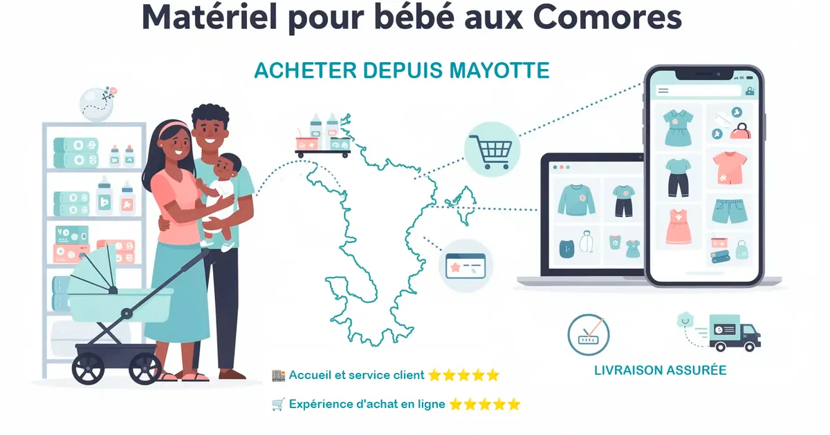 Couple avec bébé dans magasin de puériculture, achat en ligne sur mobile et livraison à Mayotte