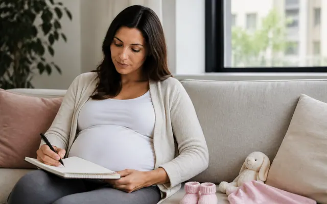 Femme enceinte écrivant une liste de naissance sur un canapé