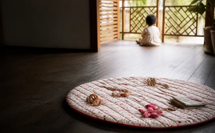 Sol d’éveil dégagé, tapis et quelques objets