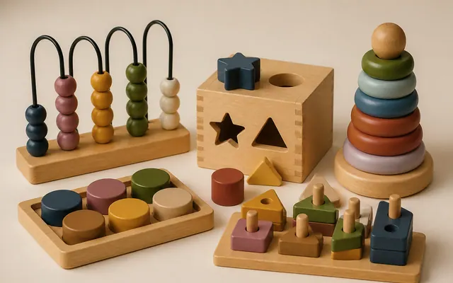 Jouets d’éveil en bois posés sur un fond neutre