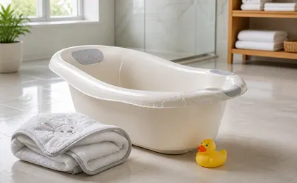 Baignoire bébé, serviette et canard dans une salle de bain claire