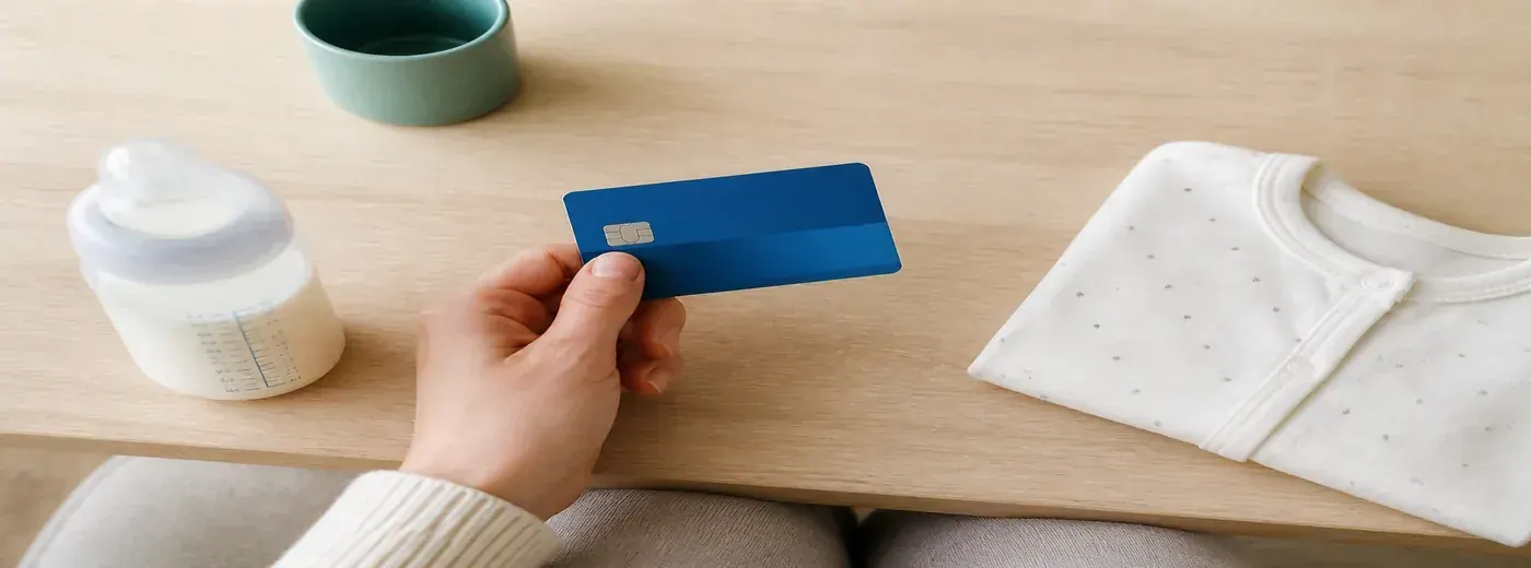 Carte bancaire posée près d’un biberon et d’un body plié