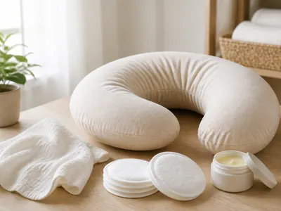 Coussin d’allaitement, coussinets et baume sur un plan clair