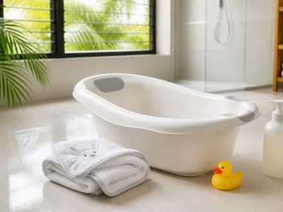 Baignoire bébé, serviette à capuche et canard dans une salle de bain claire