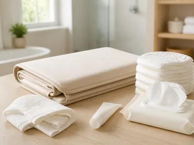 Tapis à langer, couches et lingettes sur un plan clair