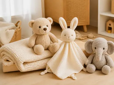 Doudous et peluches posés sur un parquet clair