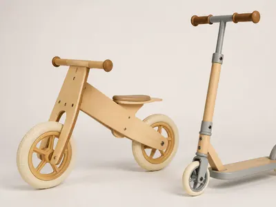 Draisienne en bois et trottinette enfant côte à côte