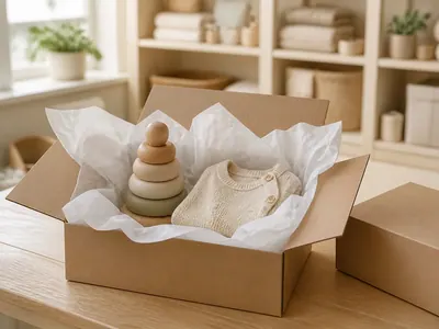 Carton d’arrivage ouvert, jouet en bois et layette