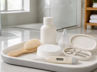 Trousse de soin bébé : brosse, thermomètre et cotons