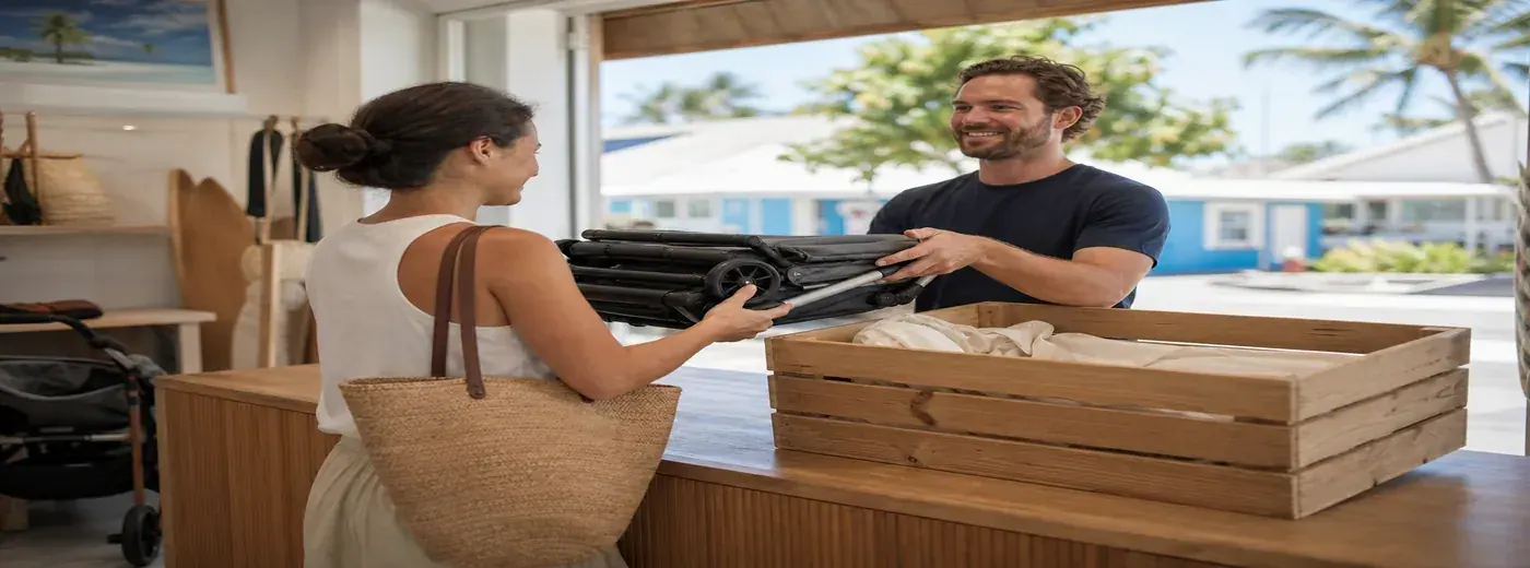 Parent récupérant une poussette pliée au comptoir du magasin
