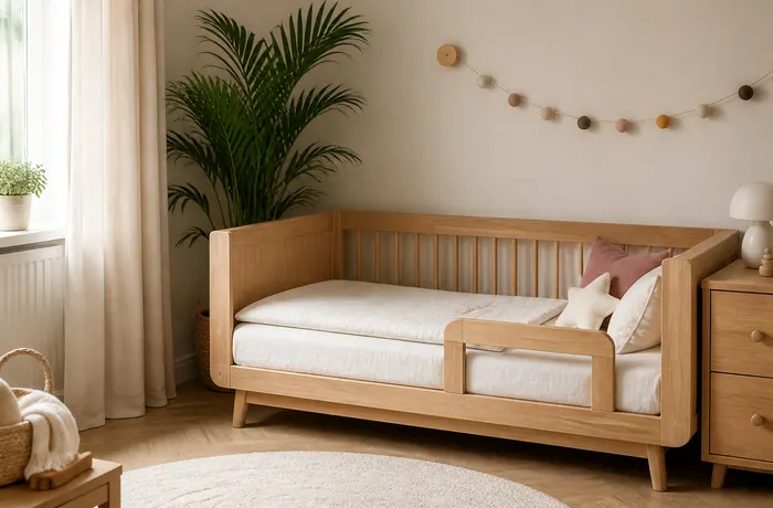 Chambre de bébé avec lit évolutif en bois clair