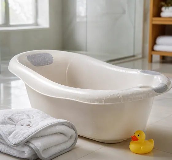 Baignoire bébé, serviette à capuche et canard dans une salle de bain claire