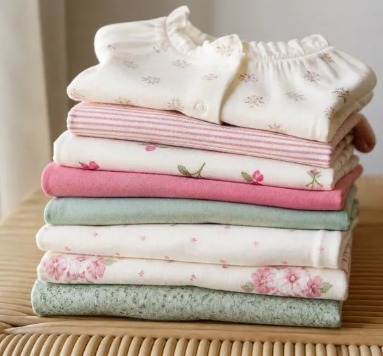 Pile de vêtements de bébé en coton léger, tons écru et framboise
