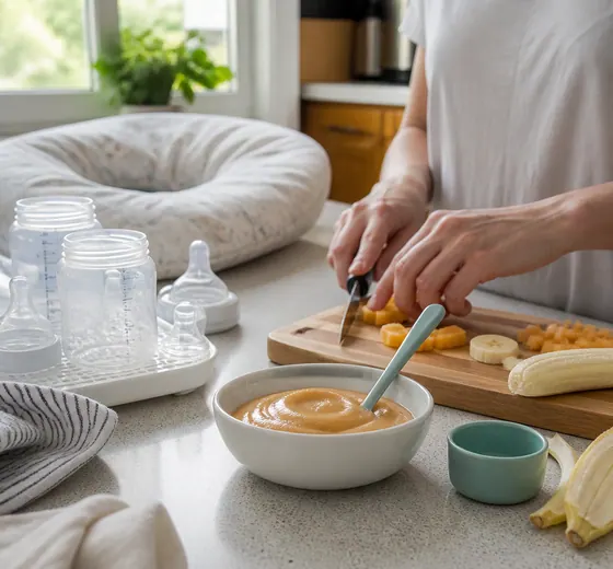 Préparation d’un repas bébé avec biberons et bol de purée